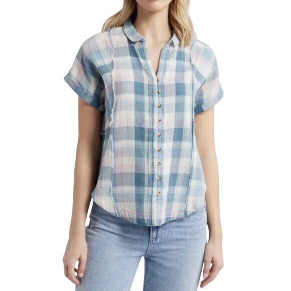 LUCKY BRAND Women’s Plaid Short Sleeve Raw Edge Button Front Shirt - Picture 1 of 5